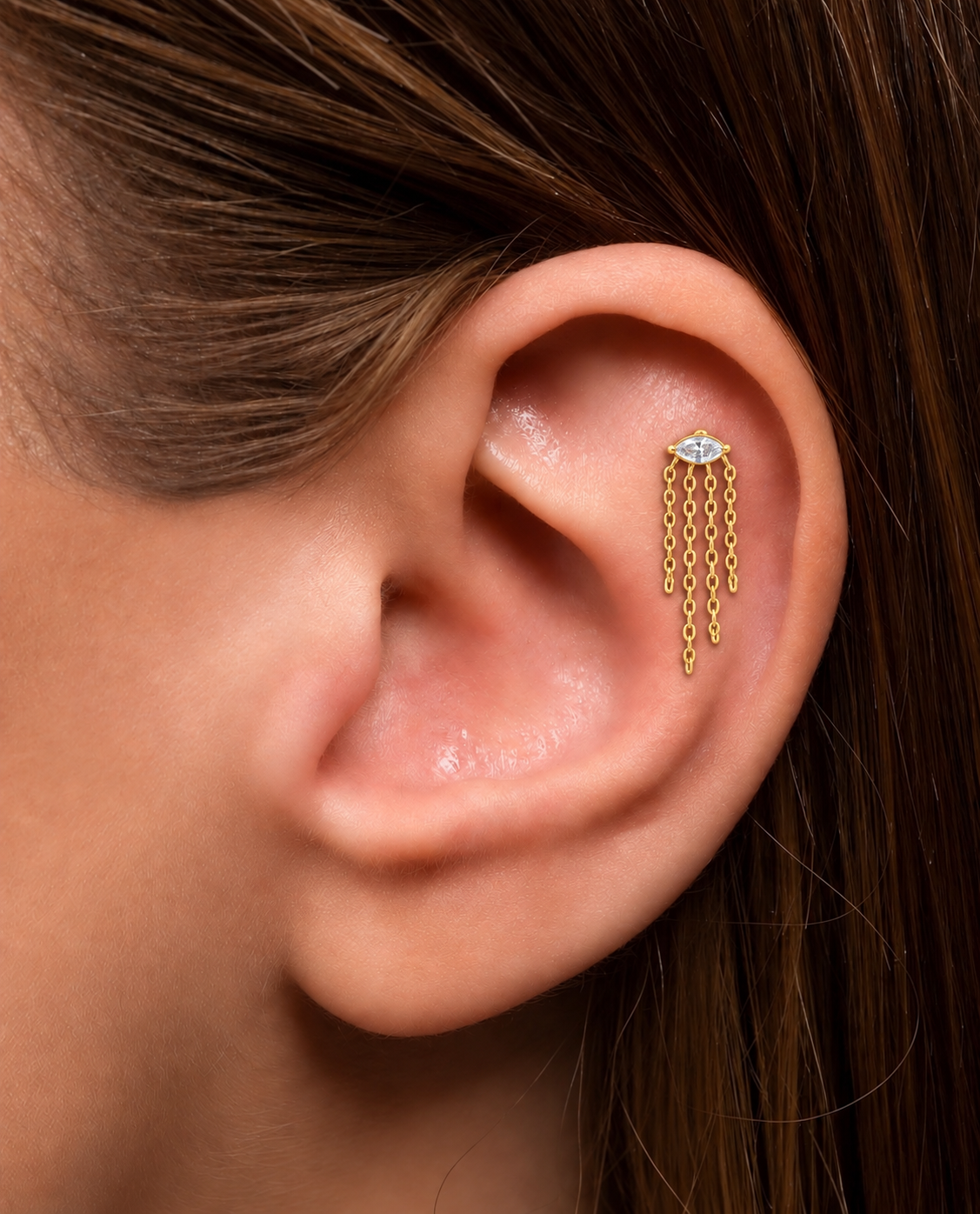 Eye-Shaped Stone Stud with Hanging Chain