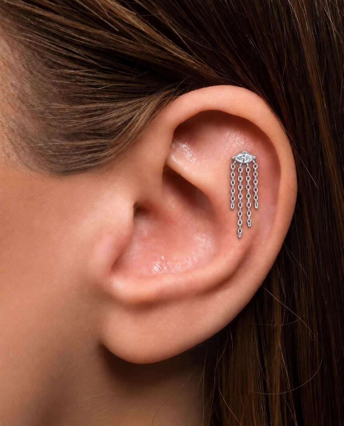 Eye-Shaped Stone Stud with Hanging Chain