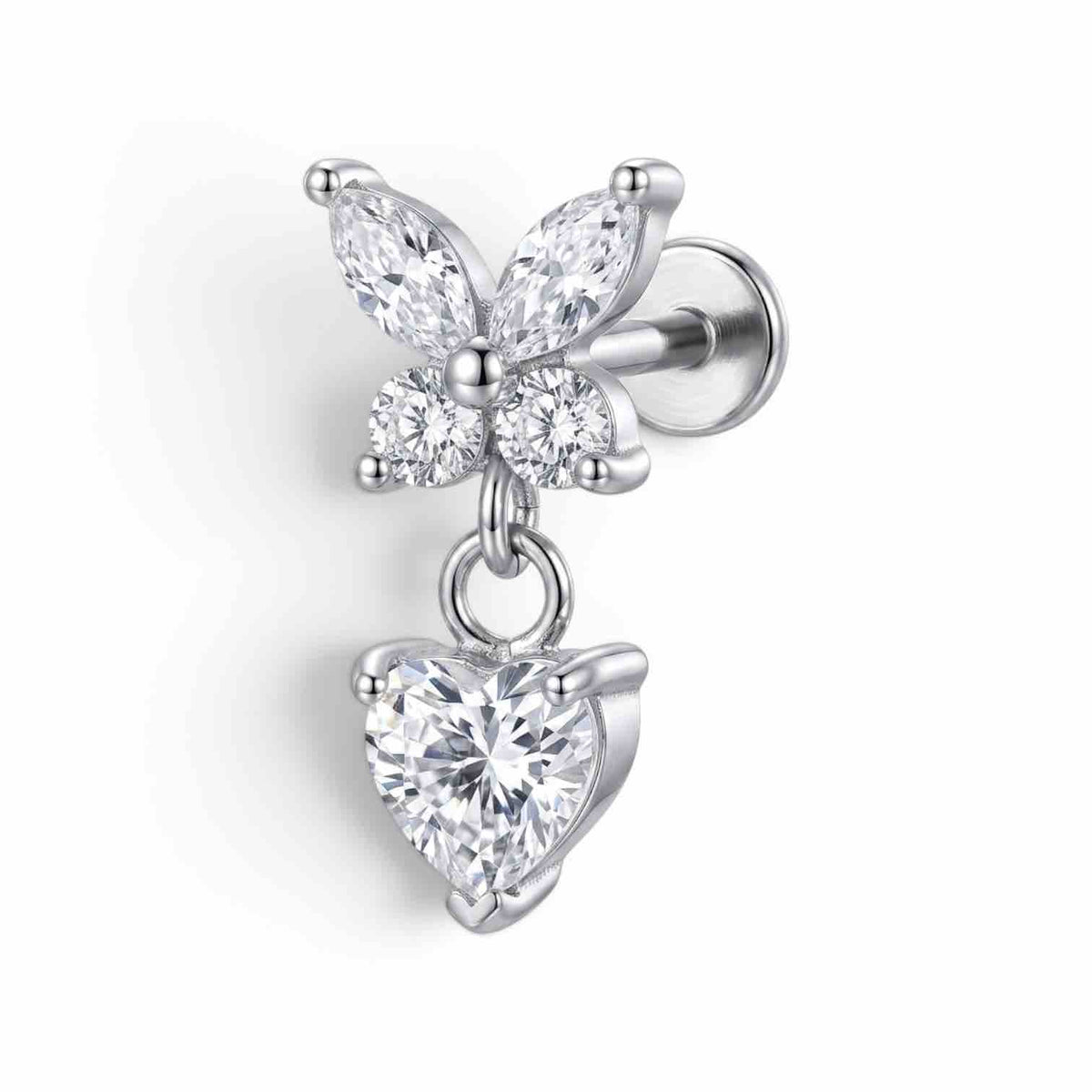 Butterfly Shape with hanging heart stud Silver